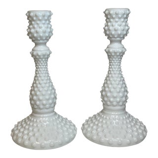 1920s Antique Hobnail Milk Glass Candle Holders - a Pair For Sale