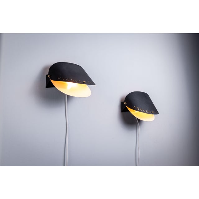 Matte Black Wall Lamps with Perforated Shades and Brass Details, Set of 2 For Sale - Image 6 of 16
