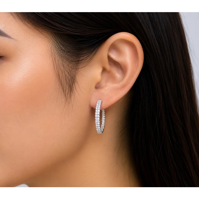 Modern Late 20th Century Pair of 14K White Gold Diamond Inside Outside Hoop Earrings For Sale - Image 3 of 3