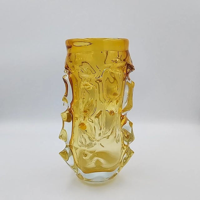 1960s Luxury hancrafted amber vase in art glass attributed to Jan Beranek for Skrdlovice . Made in Czech Republic. The...