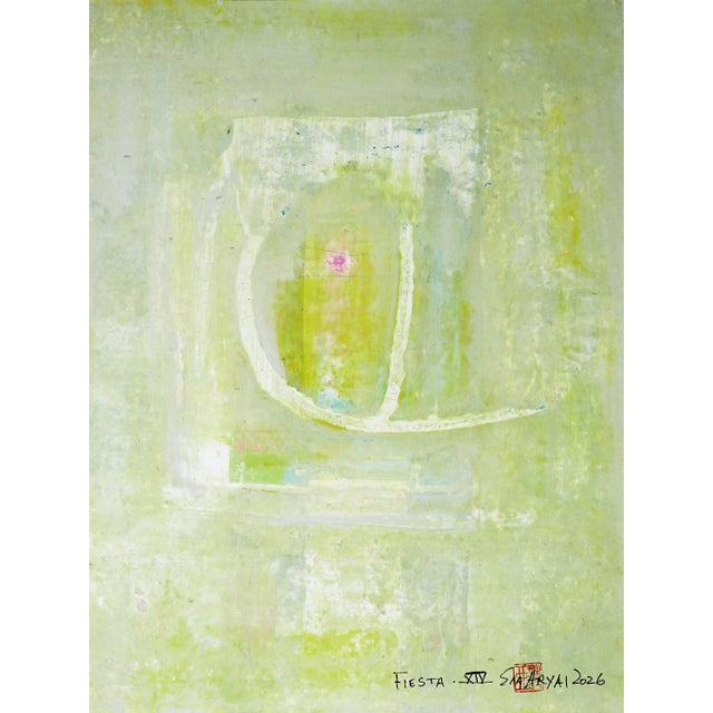 Fiesta. XIV WHite Framed surreal shades of yellow, blue and green painting Abstract surreal painting in calming light...
