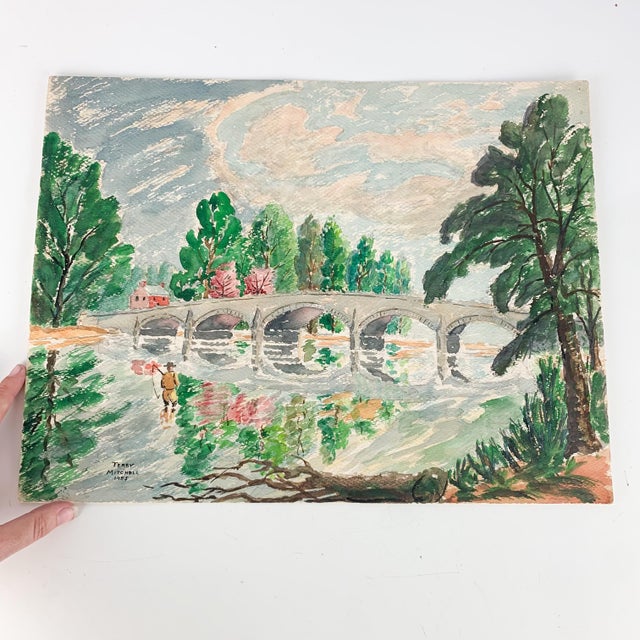 Mid 20th Century Vintage Signed Original Watercolor Fly Fishing Lake Trees Landscape Bridge Art For Sale - Image 4 of 10