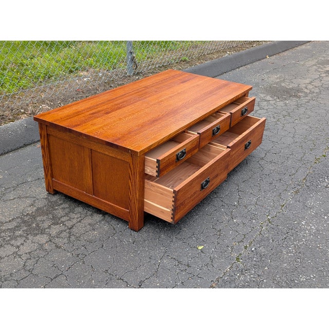 Tiger Oak Mission Style Coffee Table With Cedar Lined Drawers For Sale - Image 11 of 17