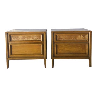 Pair of Mid Century Modern Two Drawer Nightstands With Cane Drawer Front For Sale