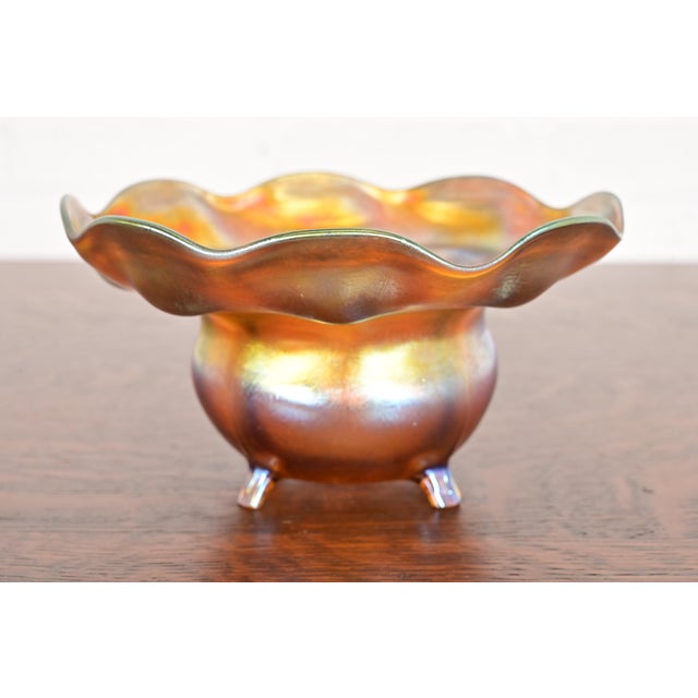 Louis Comfort Tiffany Favrile Iridescent Art Glass Floriform Footed Vase or Bowl With Flared and Ruffled Edge For Sale - Image 9 of 9