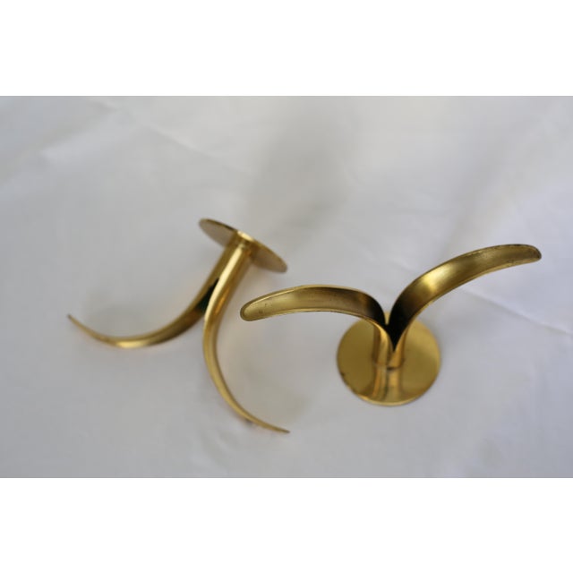 Ivar Ålenius Björk Pair Vintage Brass “Liljan” Candle Holders – Ivar Björk for Ystad Metall – Scandinavian Modern For Sale - Image 4 of 8