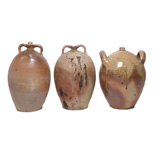 Set of Three French Provincial Stoneware Oil Jugs, Double-Handled Terracotta Vessels With Natural Ash Glaze | 19th Century