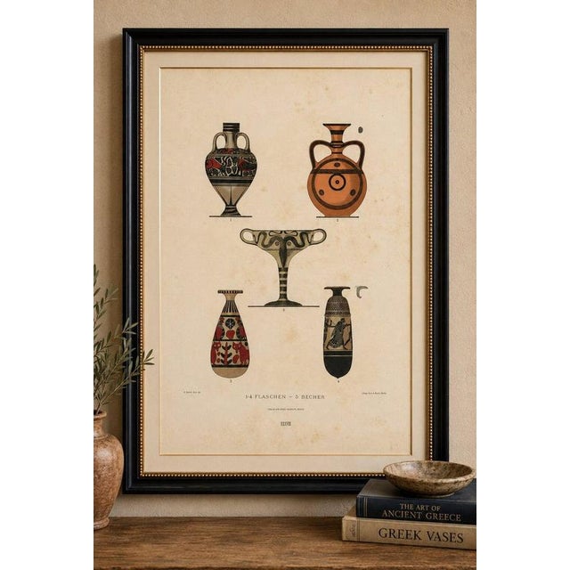Antique Greek Bottles & Drinking Cup Color Lithograph, 1883 Original antique color lithograph depicting four ancient Greek...