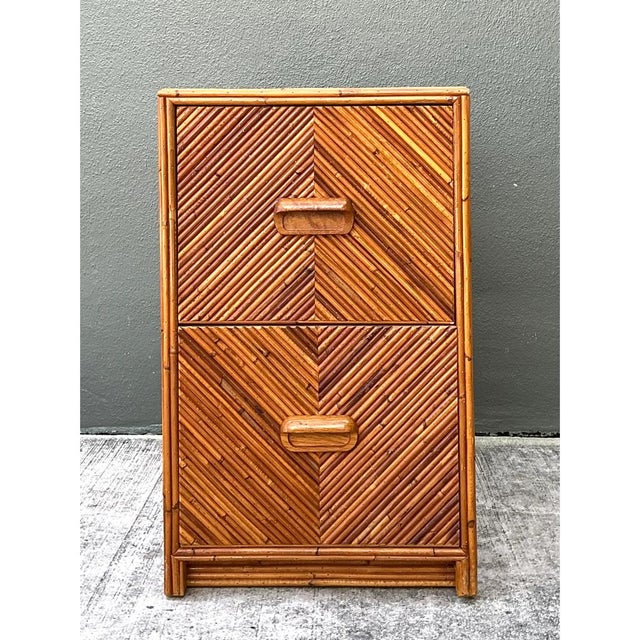 This vintage pencil reed filing cabinet showcases a striking contrast in surface pattern, with the two drawer fronts clad...