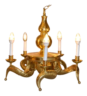 1950s Hollywood Regency Five Light Ram Horn Bronze Chandelier & Canopy