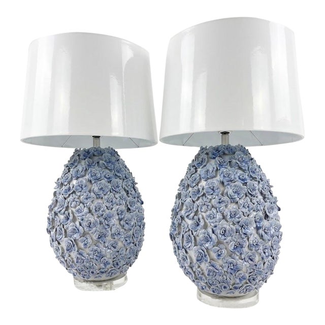 Italian-Style Encrusted Blue Ceramic Floral Table Lamps - a Pair For Sale