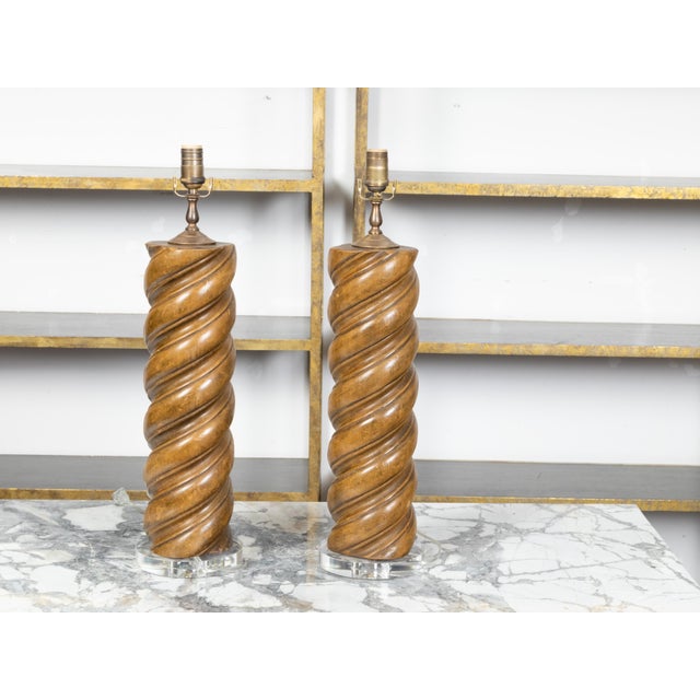 Mid 20th Century French Midcentury Twisted Solomonic Column Style Table Lamps on Lucite - Pair For Sale - Image 4 of 8