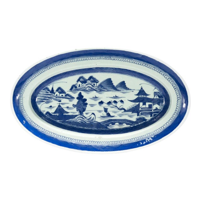 Large Antique Blue & White Canton Chinese Export Porcelain Fish Platter or Tray For Sale