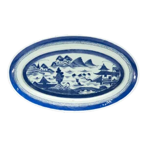 Large Antique Blue & White Canton Chinese Export Porcelain Fish Platter or Tray
