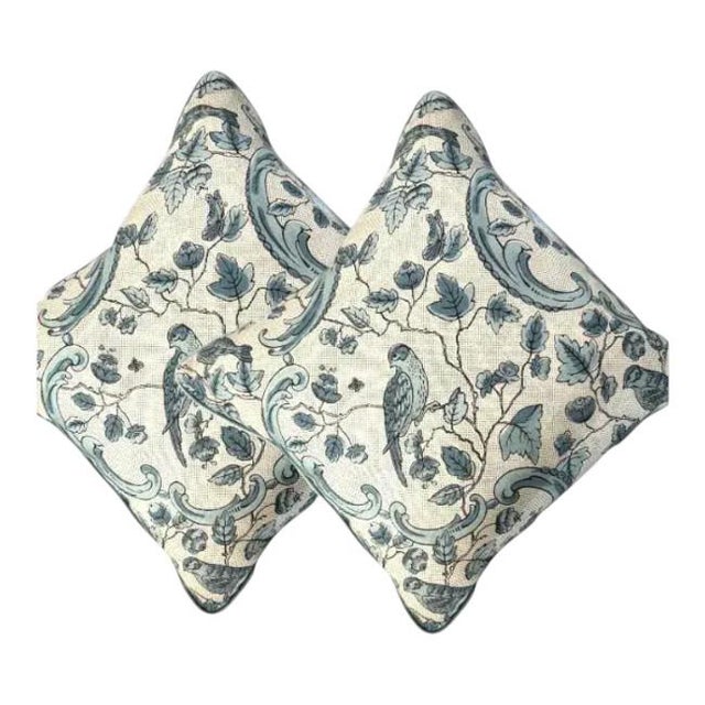 Mid-Century Modern Pair 20'' Soft Blue Aviary Pillows For Sale - Image 3 of 5