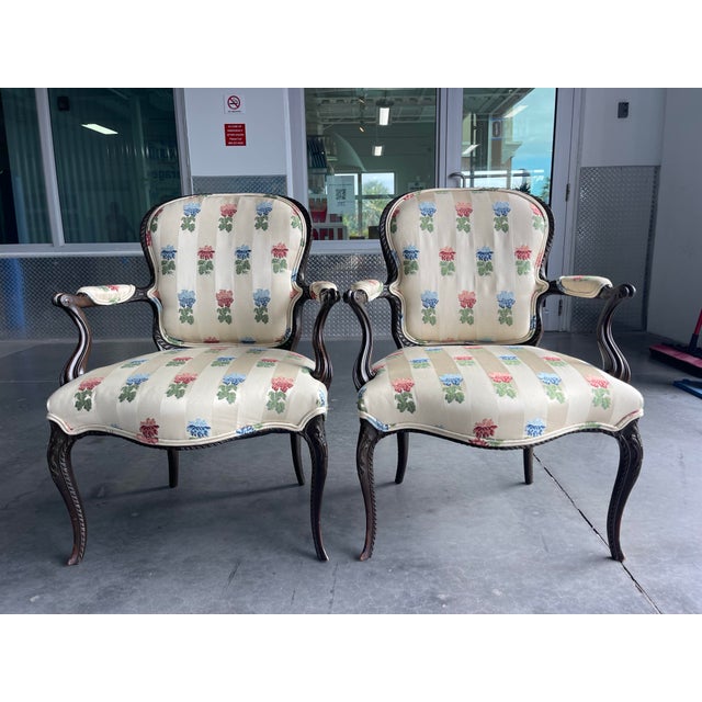 Louis XV Style Carved Wood Armchairs With Floral Upholstery, a Pair For Sale - Image 4 of 12
