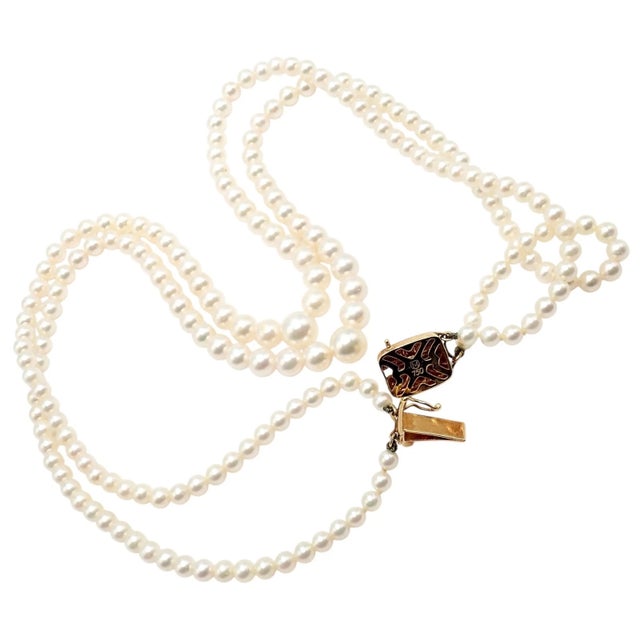 Metal Mikimoto Yellow Gold Pearl Double Strand Graduated 17" Princess Necklace For Sale - Image 7 of 11