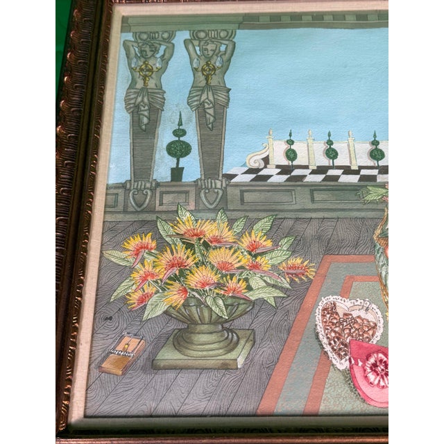 Art Deco Late 20th Century Deco Revival Watercolor, Terrace With Reclining Nude, Gramophone and Goodyear Blimp For Sale - Image 3 of 6
