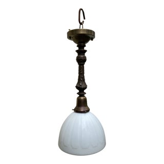 Vintage 1920s Brass Pendant Fixture With Milk Glass Shade For Sale