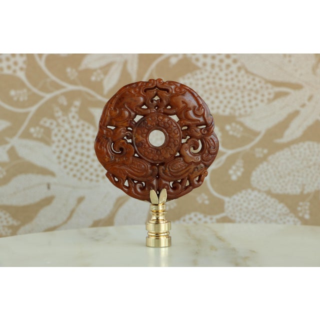 Chinoiserie Chinese Fauna Carved Stone Lamp Finial on Golden Brass Hardware For Sale - Image 3 of 7