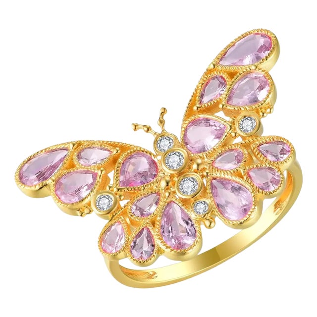 Nina Zhou Butterfly Pink Sapphire Diamond Cocktail Ring in 14k Yellow Gold, size 5 For Sale