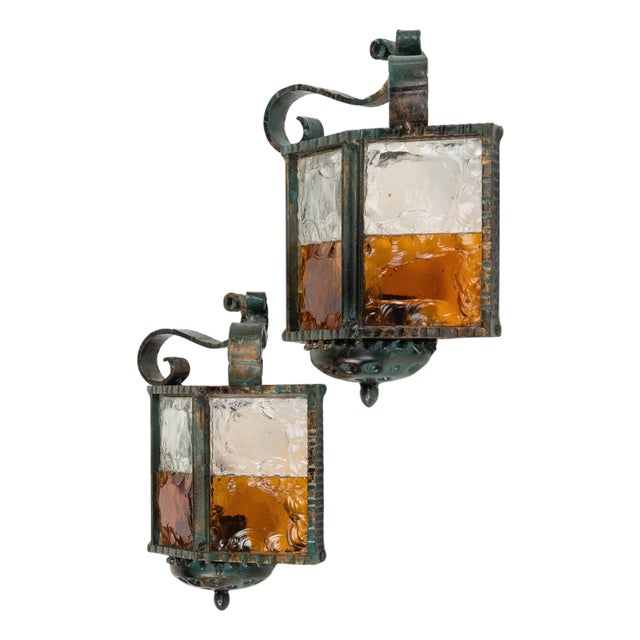 Mid-Century Sconces in Iron and Hammered Glass attributed to Longobard, Italy, 1970s, Set of 2 For Sale