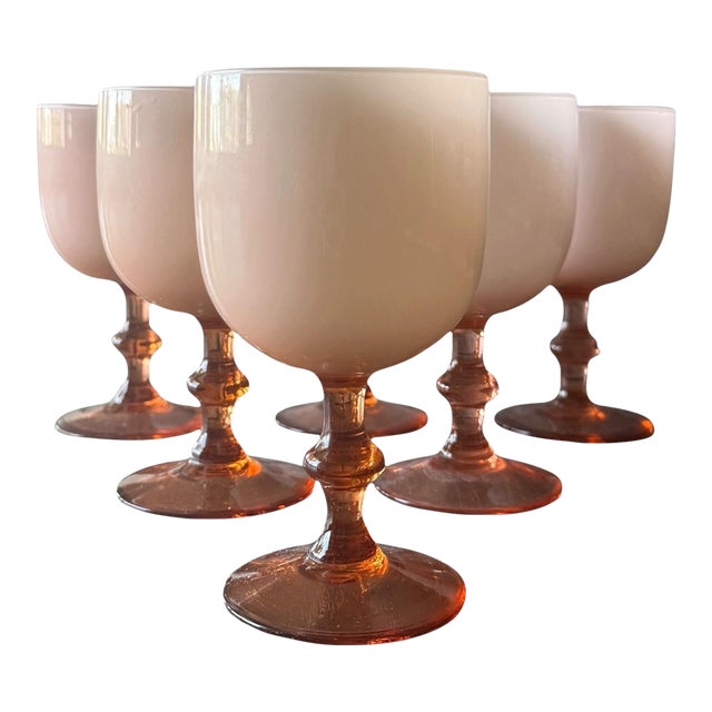 Vintage Italian Murano Style Blush Pink Art Glass Goblets, Attributed to Moretti - Set of 6 For Sale