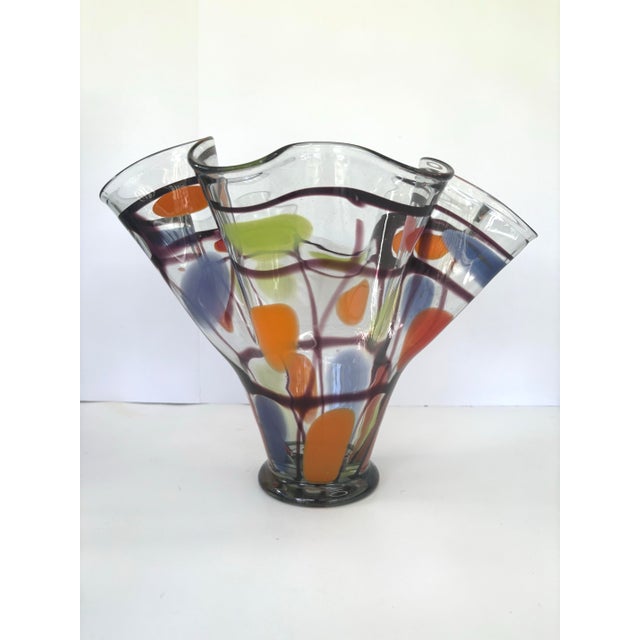Contemporary Large Contemporary Hand-Blown Art Glass Vase With Ruffled Rim, Polychrome Inclusions 10.5” For Sale - Image 3 of 7