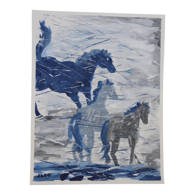 Horses Landscape Navy Blue Gray Abstract Folk Art Minimalism Impressionism Original Painting by Cleo Plowden For Sale