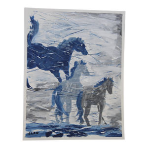 Horses Landscape Navy Blue Gray Abstract Folk Art Minimalism Impressionism Original Painting by Cleo Plowden
