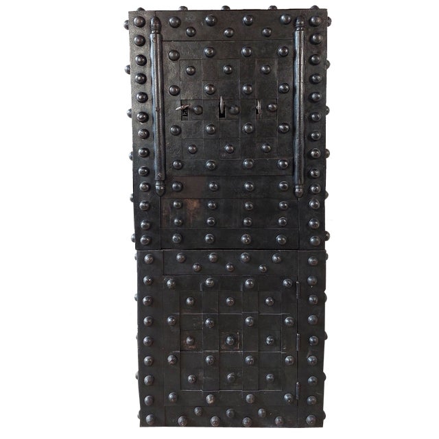 Antique French Wrought Iron Over Wood Hobnail Safe For Sale