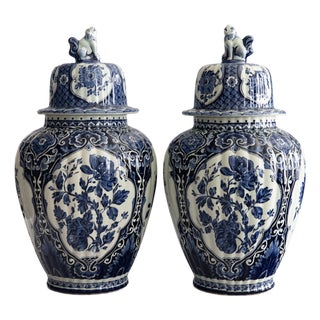 Large Mid-Century Dutch Delft Lidded Ginger Jars Vases - A Pair For Sale