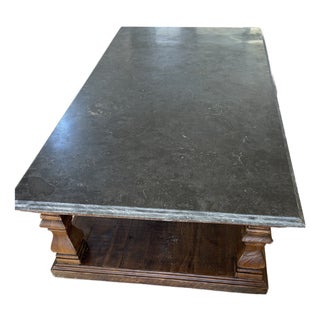 Blue-Gray Natural Slate Stone Coffee Table With Solid Hardwood Trestle Base For Sale