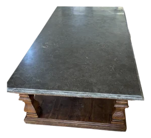 Blue-Gray Natural Slate Stone Coffee Table With Solid Hardwood Trestle Base