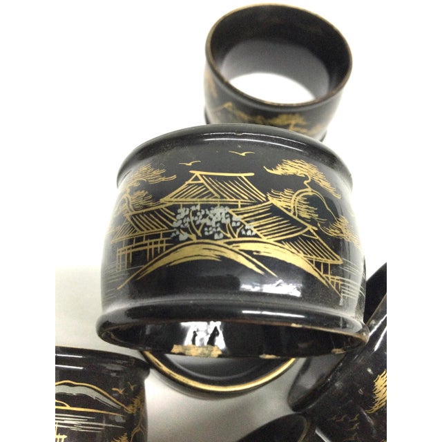 Wood Antique Japanese Lacquered Wood Hand-Painted Napkin Rings Set of 6 For Sale - Image 7 of 9