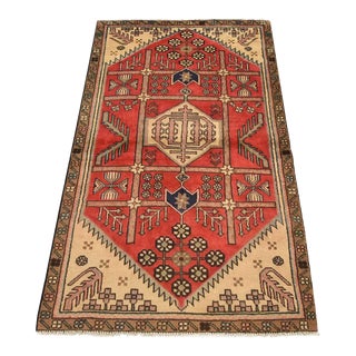 Vintage Tribal Rug 3’4” X 5’7” Red Wool Hand-Knotted Oriental Carpet For Sale