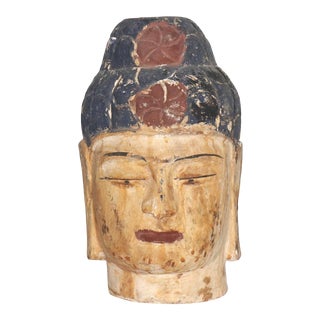 Early 20th century Large Scale Carved Polychrome Burmese Buddha Head Bust For Sale