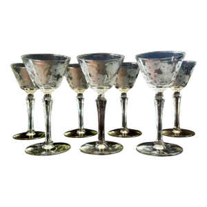Mid 20th Century Libbey “Embassy” Etched Liquor Glasses, Set of 7, American Barware