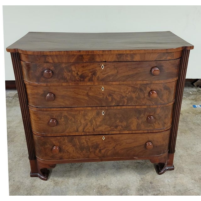 Wood Circa 1830 American Empire Figured Mahogany Bow-Front 4-Drawer Chest For Sale - Image 7 of 13