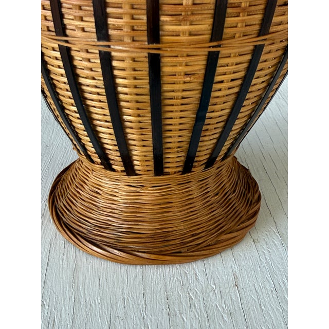 Wood Vintage Boho Handmade Rattan & Ceramic Mixed-Material Vase For Sale - Image 7 of 11