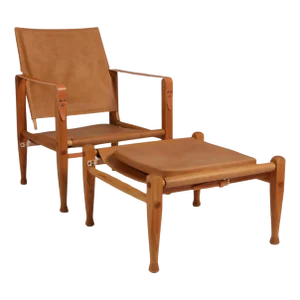 Set of Safari Chair with Ottoman attributed to Kaare Klint for Rud Rasmussen, 1960s