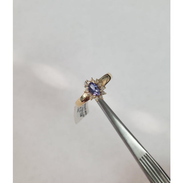 Contemporary Tanzanite Diamond Halo Ring .61cttw 14k Yellow Gold, Size 8 For Sale - Image 3 of 4