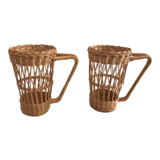 Vintage Wicker Handled Glass Holders - A Pair For Sale