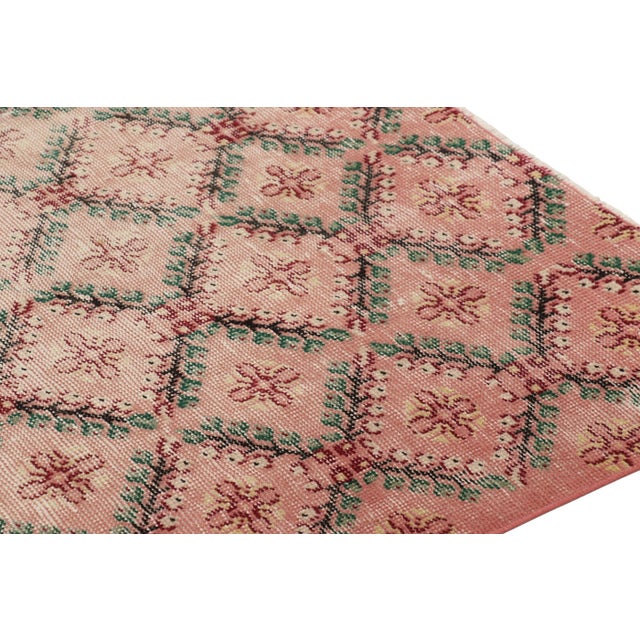 Traditional Vintage Distressed Rug, Pink and Green Geometric Floral Pattern - Rug & Kilim For Sale - Image 3 of 7