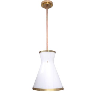 Bespoke Cone-Shaped White Glass Fixture With Applied Brass For Sale