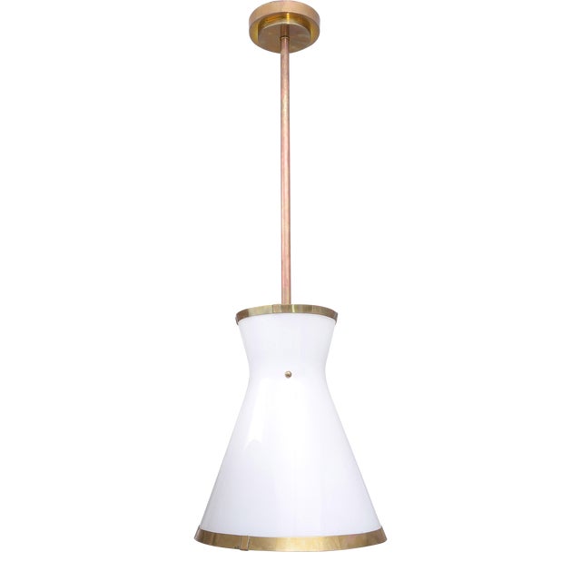 Bespoke Cone-Shaped White Glass Fixture With Applied Brass For Sale