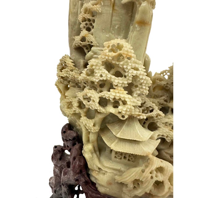 Vintage Hand Carved Chinese Soapstone Mountain Village With Pagoda Landscapes For Sale - Image 4 of 12