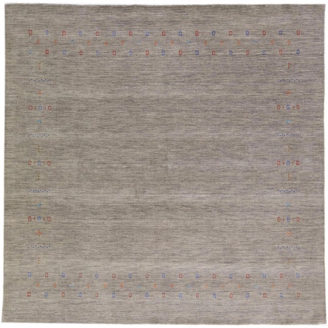 Textile 2020s Modern Square Gabbeh Style Wool Rug in Gray & Beige For Sale - Image 7 of 7