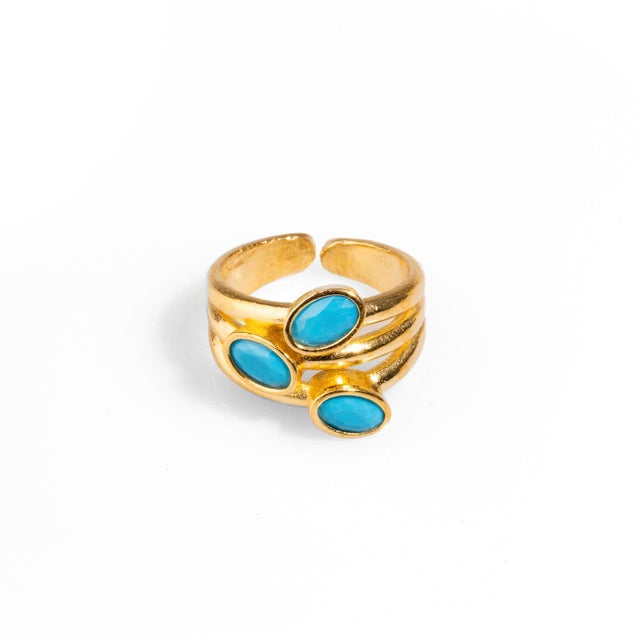 Metal Trio Turquoise Gemstone & Gold Stylish Adjustable Cocktail Ring For Sale - Image 7 of 7