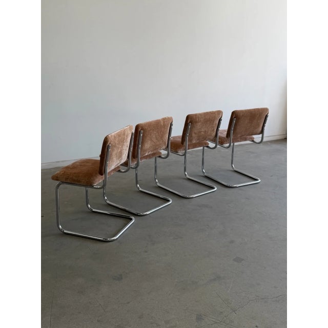 Mid-Century Modern 1970s Chrome Cantilevered Dining Chairs in Chenille For Sale - Image 3 of 10